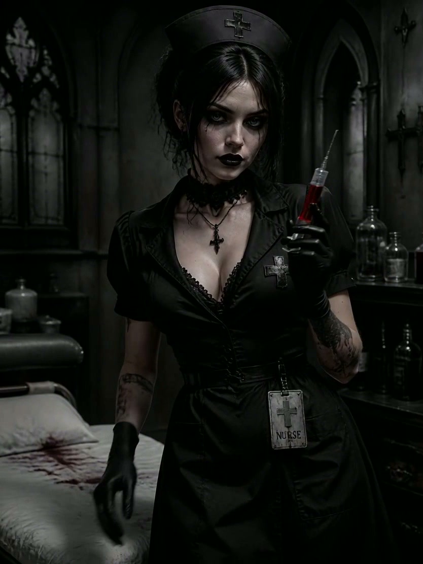 Gothic nurse in a black uniform holding a syringe in a dark, eerie clinic setting.