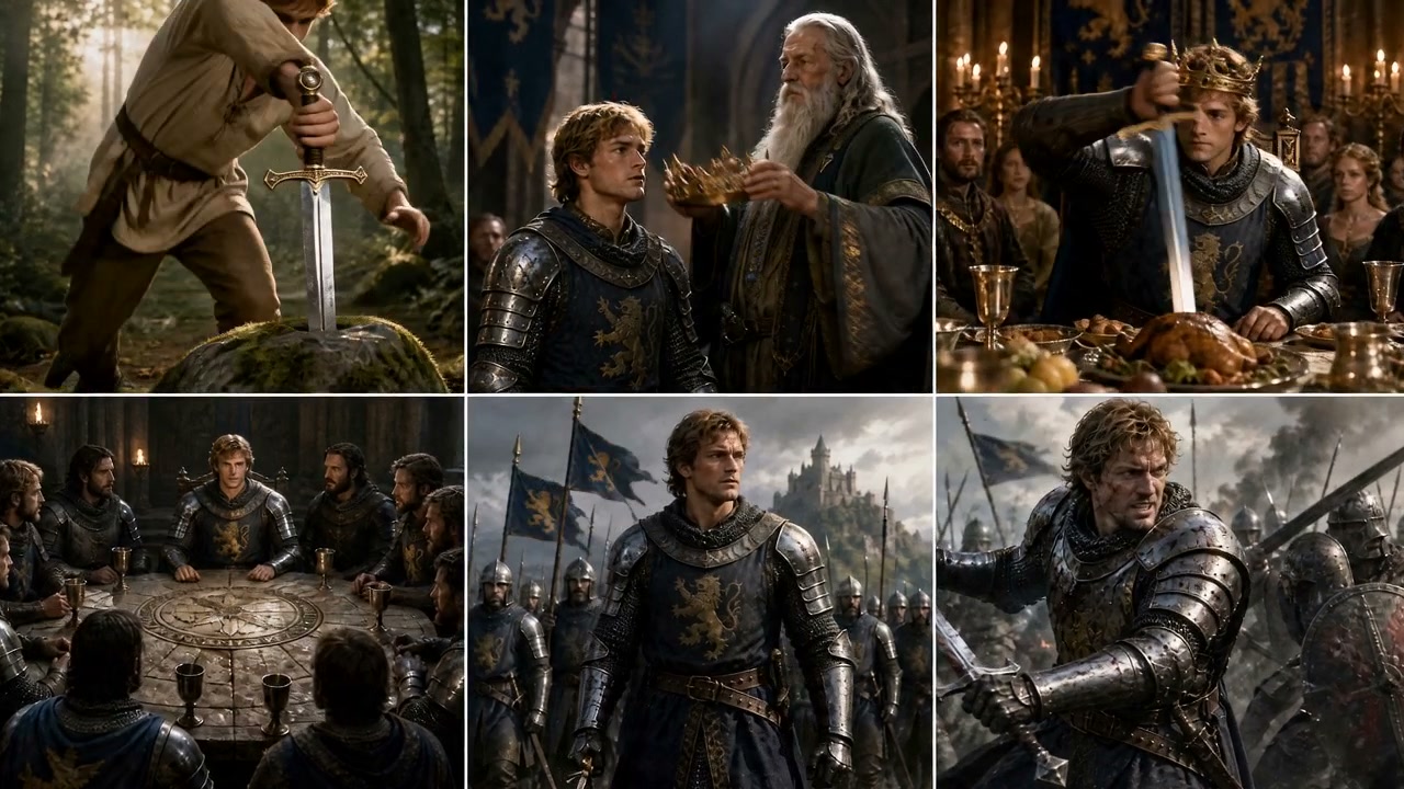 Collage of knights in armor, sword duels, and a royal coronation scene.