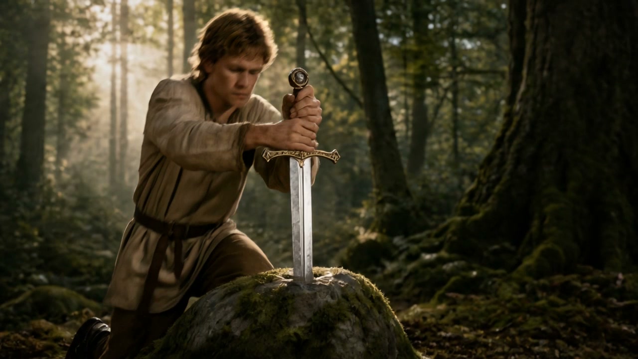 Man in a tunic kneels in a sunlit forest, pulling a gleaming sword from a mossy rock.