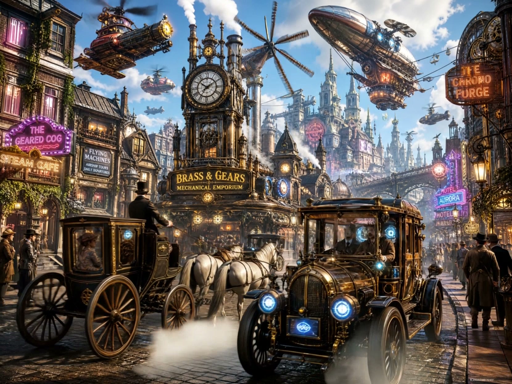 A bustling steampunk city street with brass gears, airships, and a grand clock tower in a vivid, ...