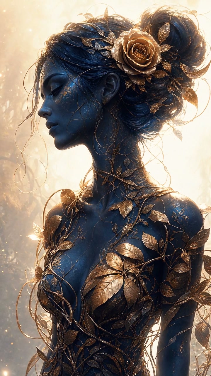 Blue-painted woman with a gold leaf vine gown and a rose headpiece, an ethereal botanical fantasy...