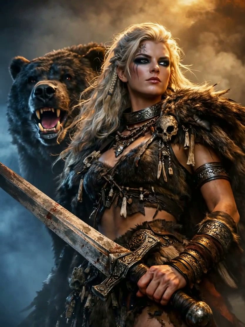 Warrior woman in fur armor with a bloodied sword, a roaring bear behind her.