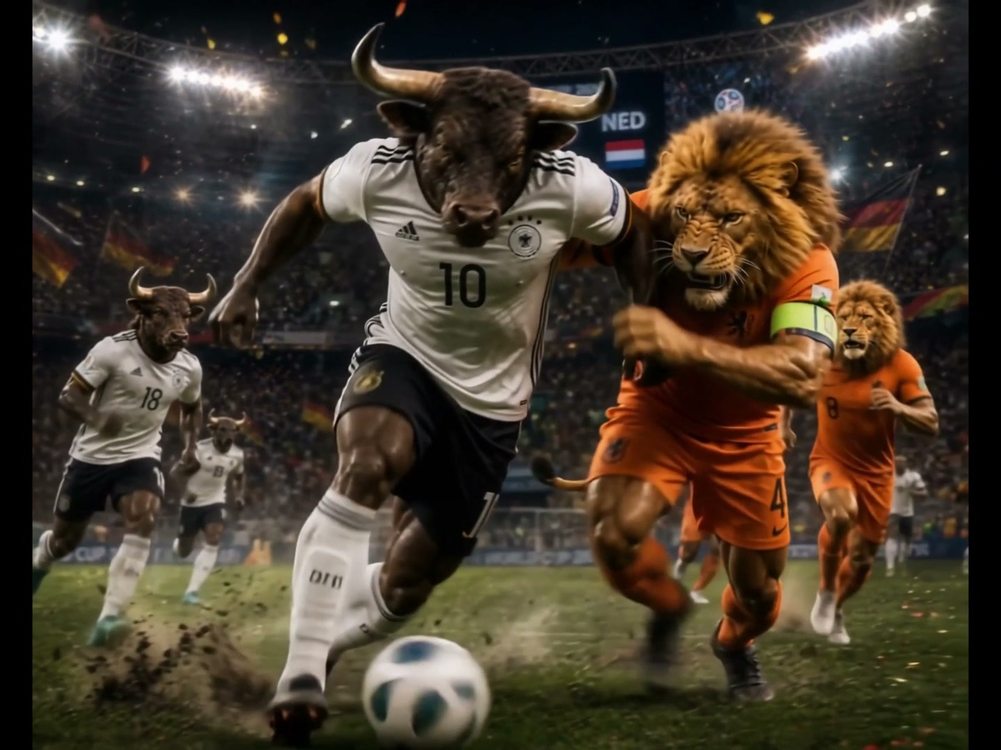 Bull and lion mascots collide for the soccer ball in a packed stadium with players in white and o...