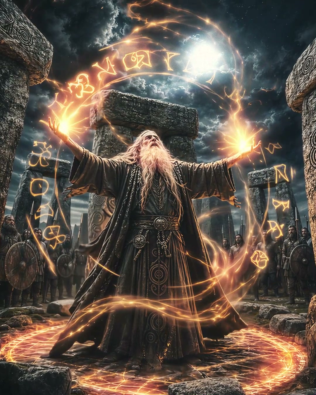Stone-circle wizard with flowing robes unleashing fiery runic magic amid ancient ruins.