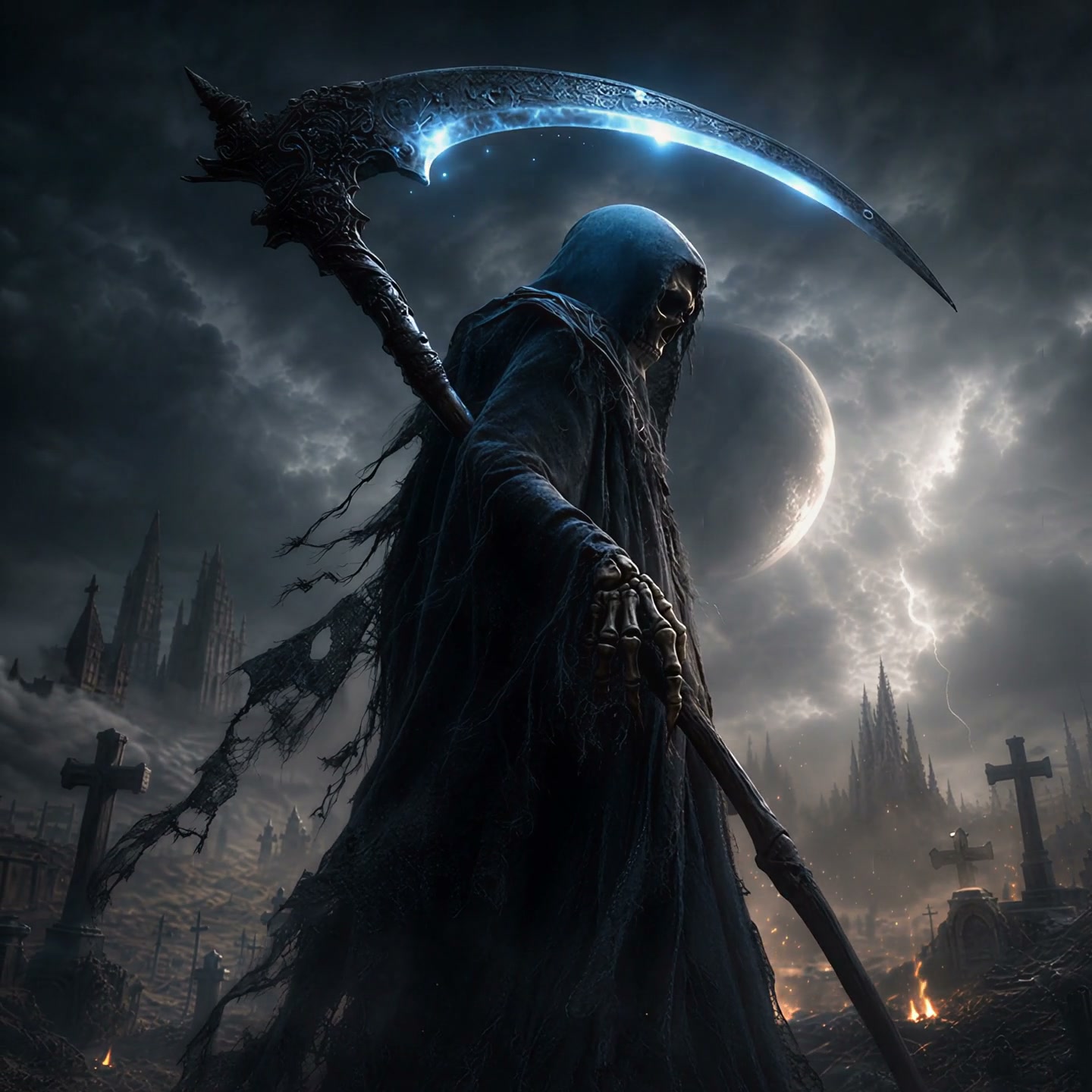 Grim Reaper figure in a dark cemetery with a glowing blue curved scythe under a stormy sky.