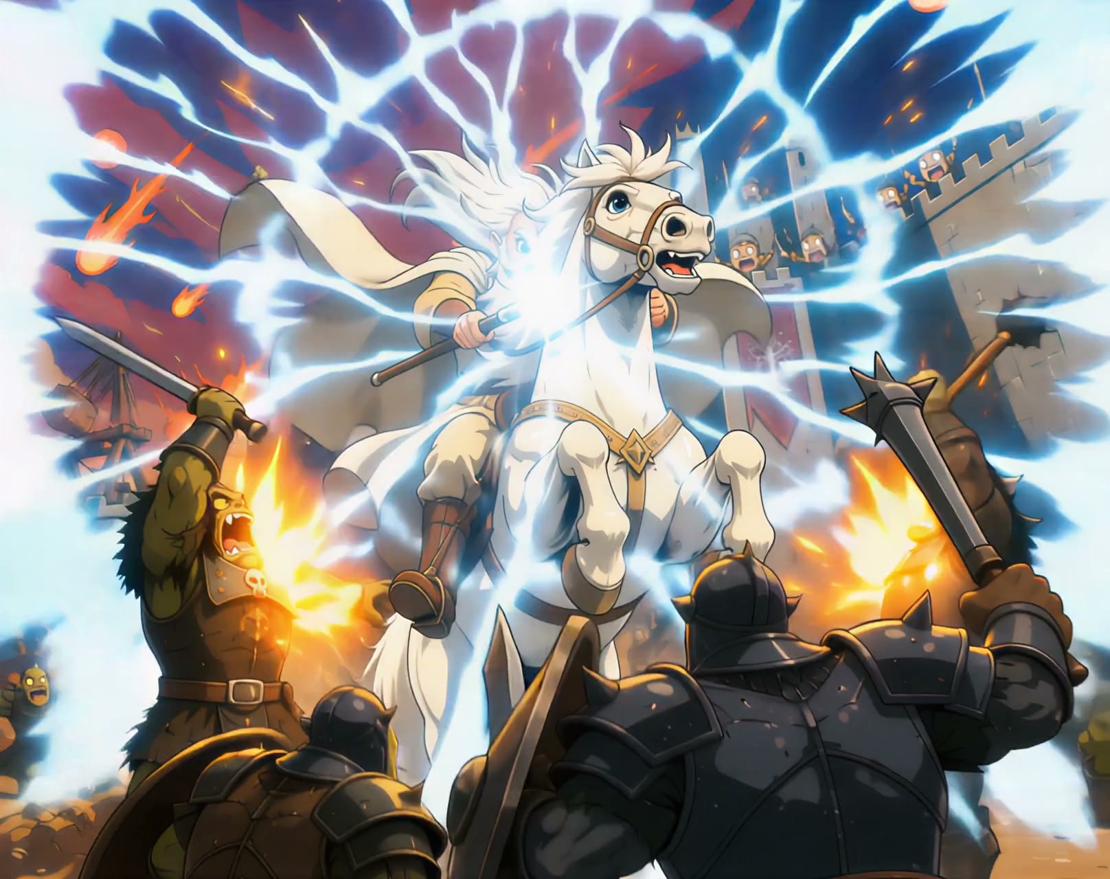 Armored white horse knight charging amid magical blue lightning during a siege battle.