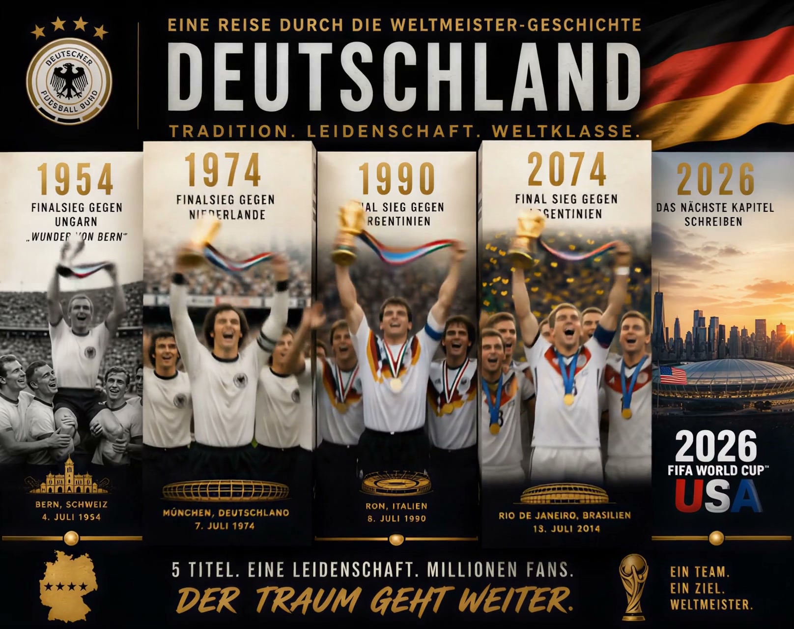 German World Cup montage poster featuring trophies, German flag, and iconic moments through years.