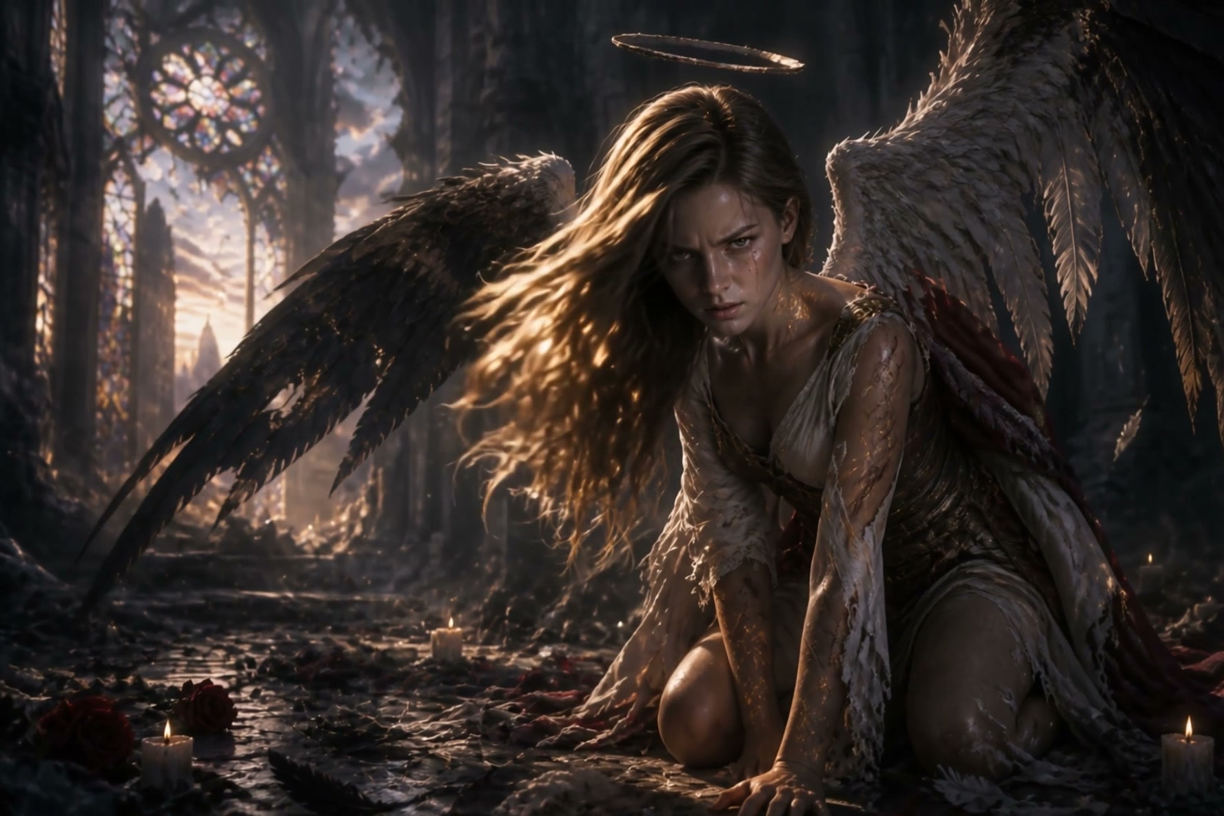 Angel with dark wings and halo kneels in a ruined cathedral at dusk.