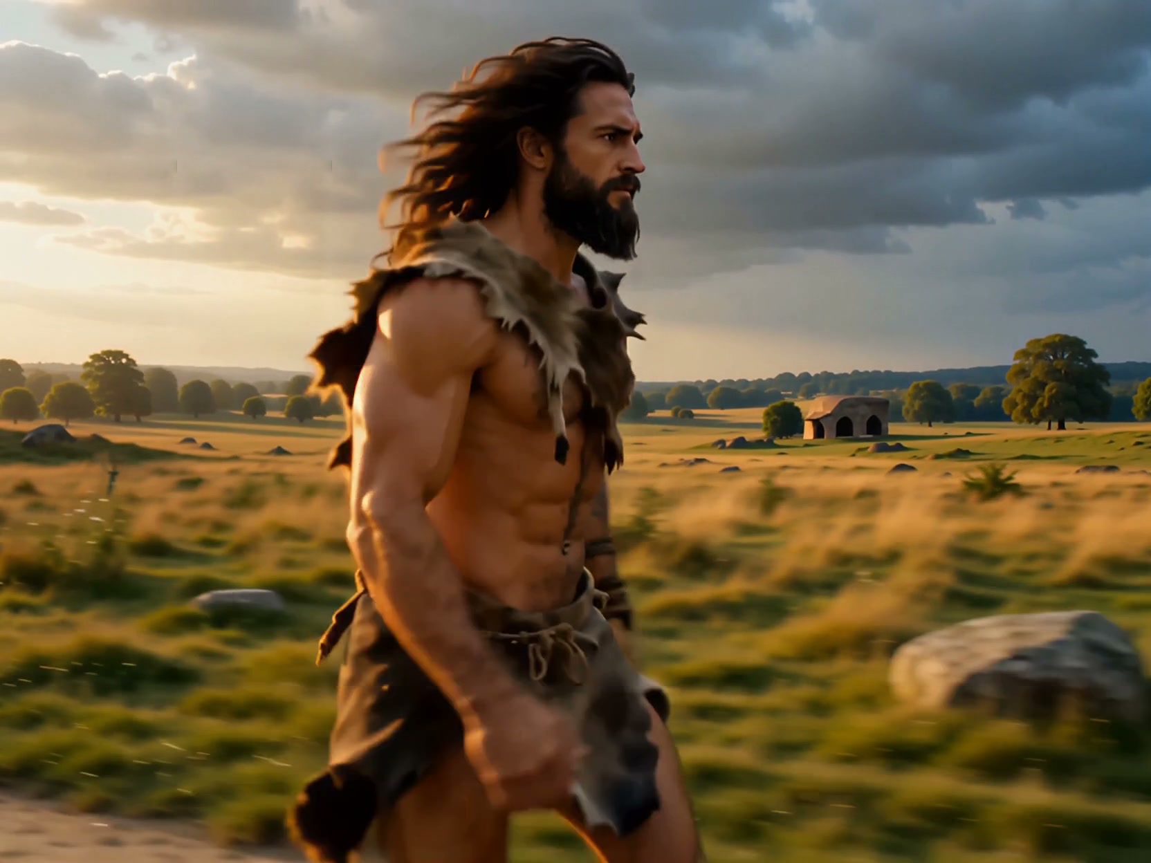 Muscular prehistoric hunter with fur clothing walks across a grassy field at sunset