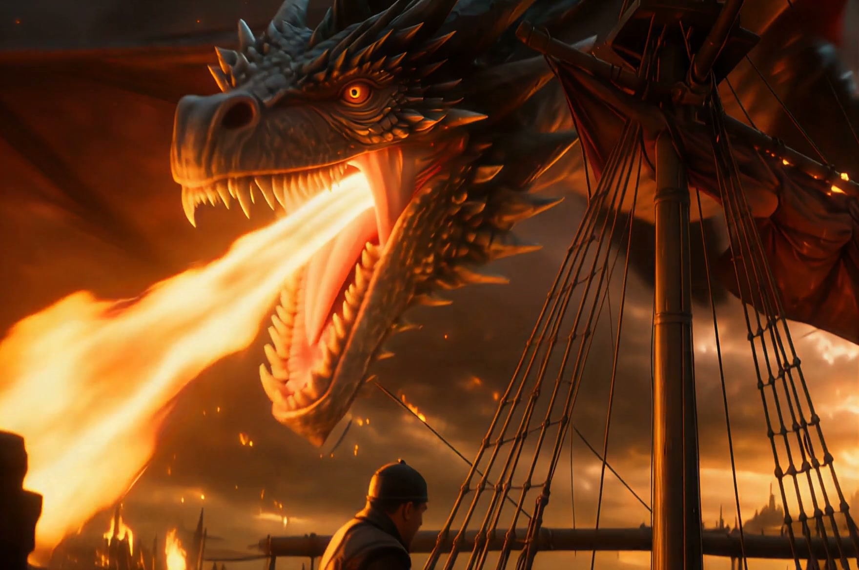A dragon on a ship roars, spewing fiery breath as orange flames illuminate the rigging and sails.
