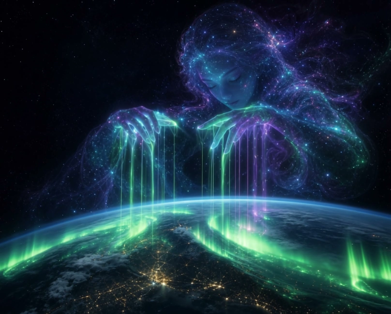 Ethereal neon-ghost figure over Earth, plucking glowing cosmic strings above the planet.