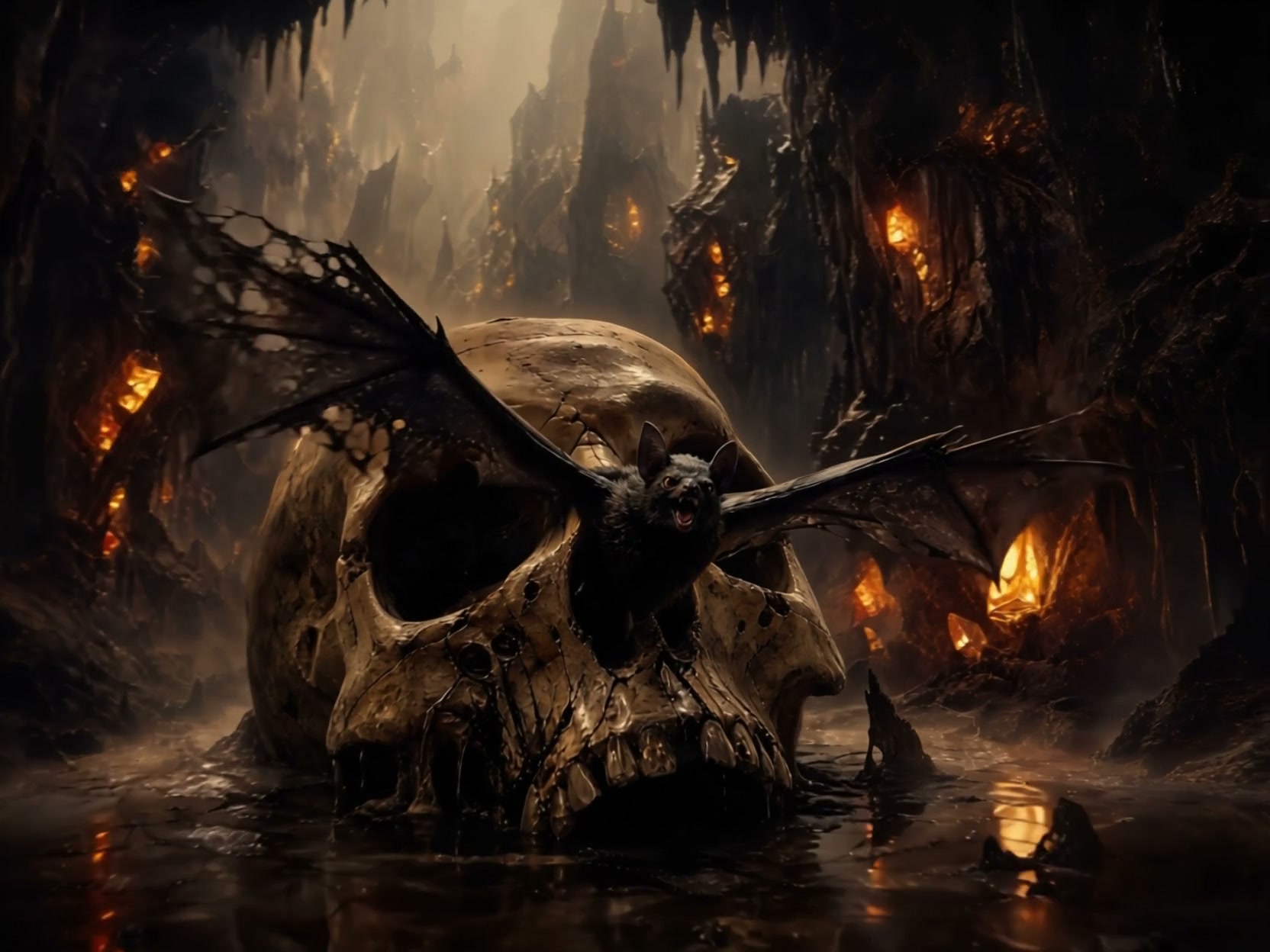 Massive skeletal dragon head with tattered wings in a lava-filled cavern.