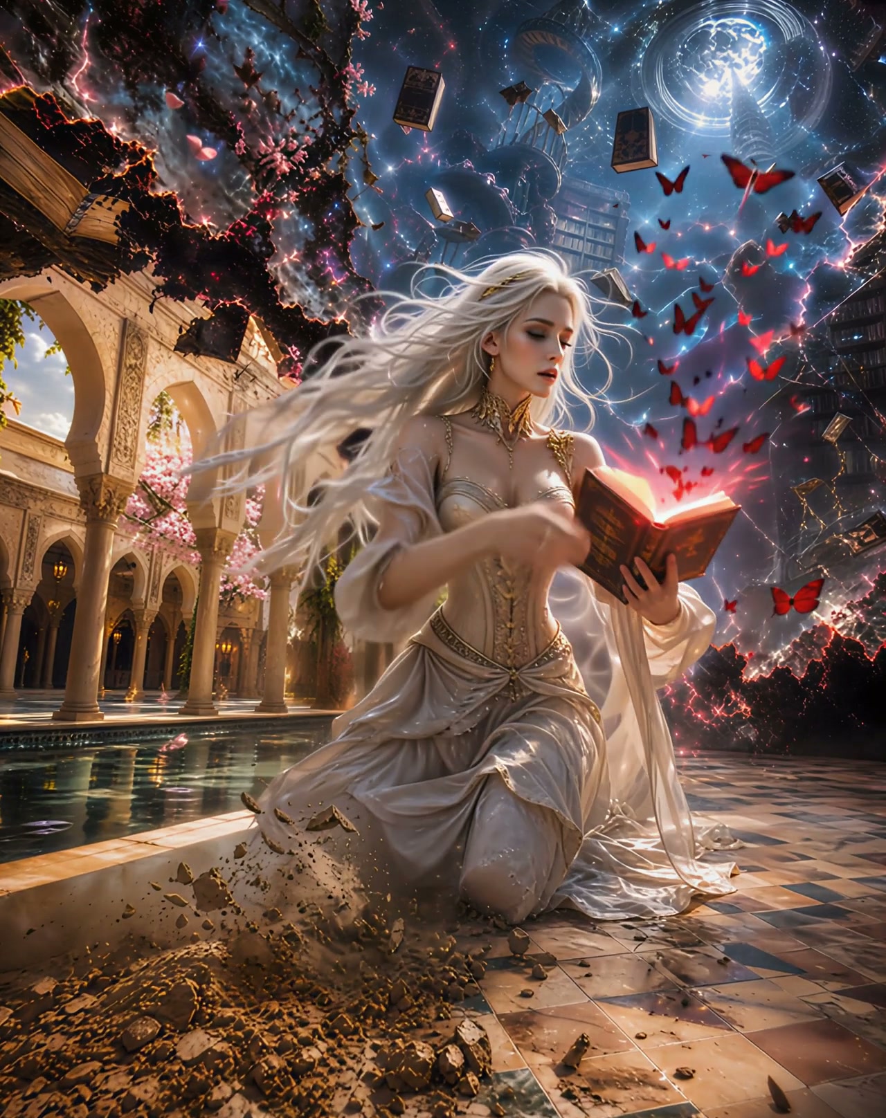 "Platinum-haired fantasy sorceress kneels with a glowing grimoire, surrounded by floating books a...