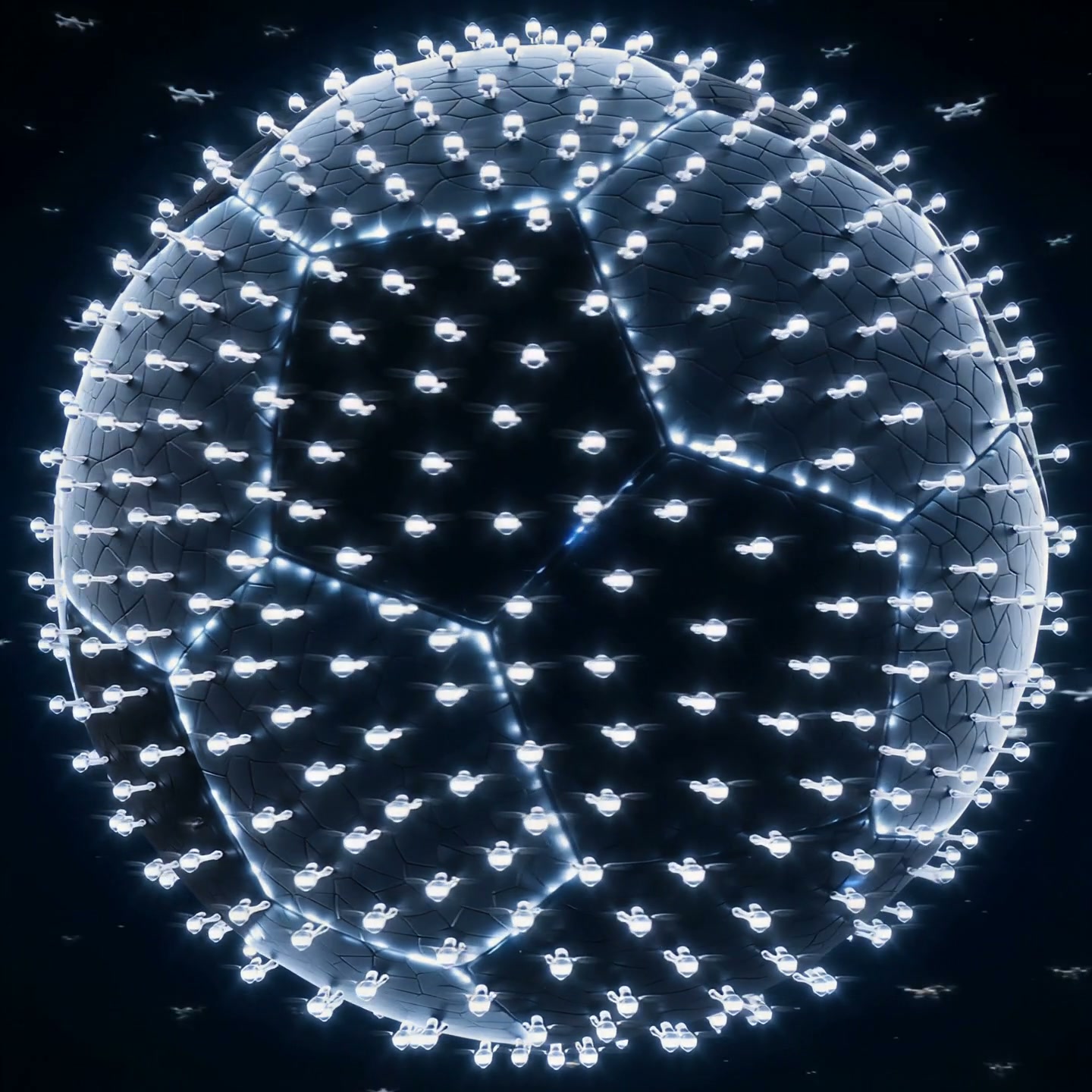 Giant textured soccer ball floating in dark space, swarms of glowing white drones covering its su...