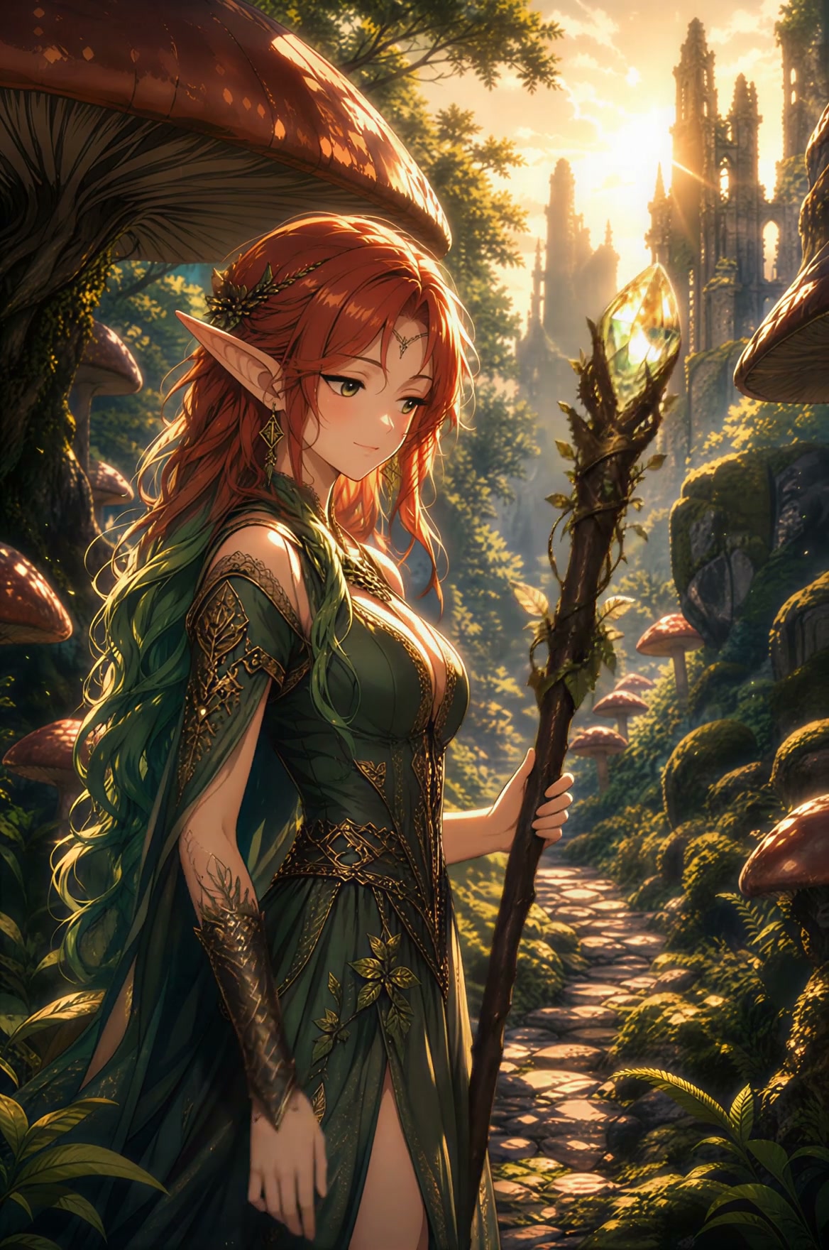 Anime-style red-haired elven druid holding a crystal magic staff in a sunlit enchanted forest wit...