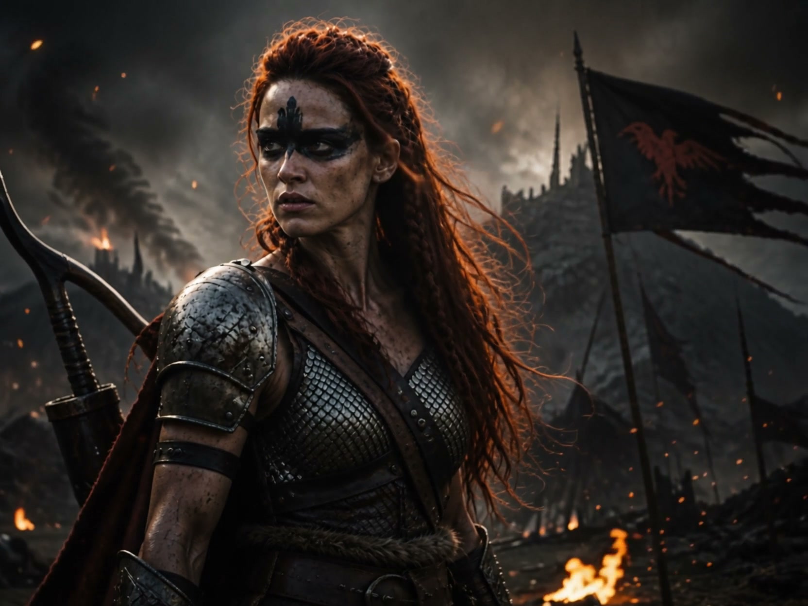 Red-haired female Viking warrior with war paint stands on a smoldering battlefield, with a tatter...
