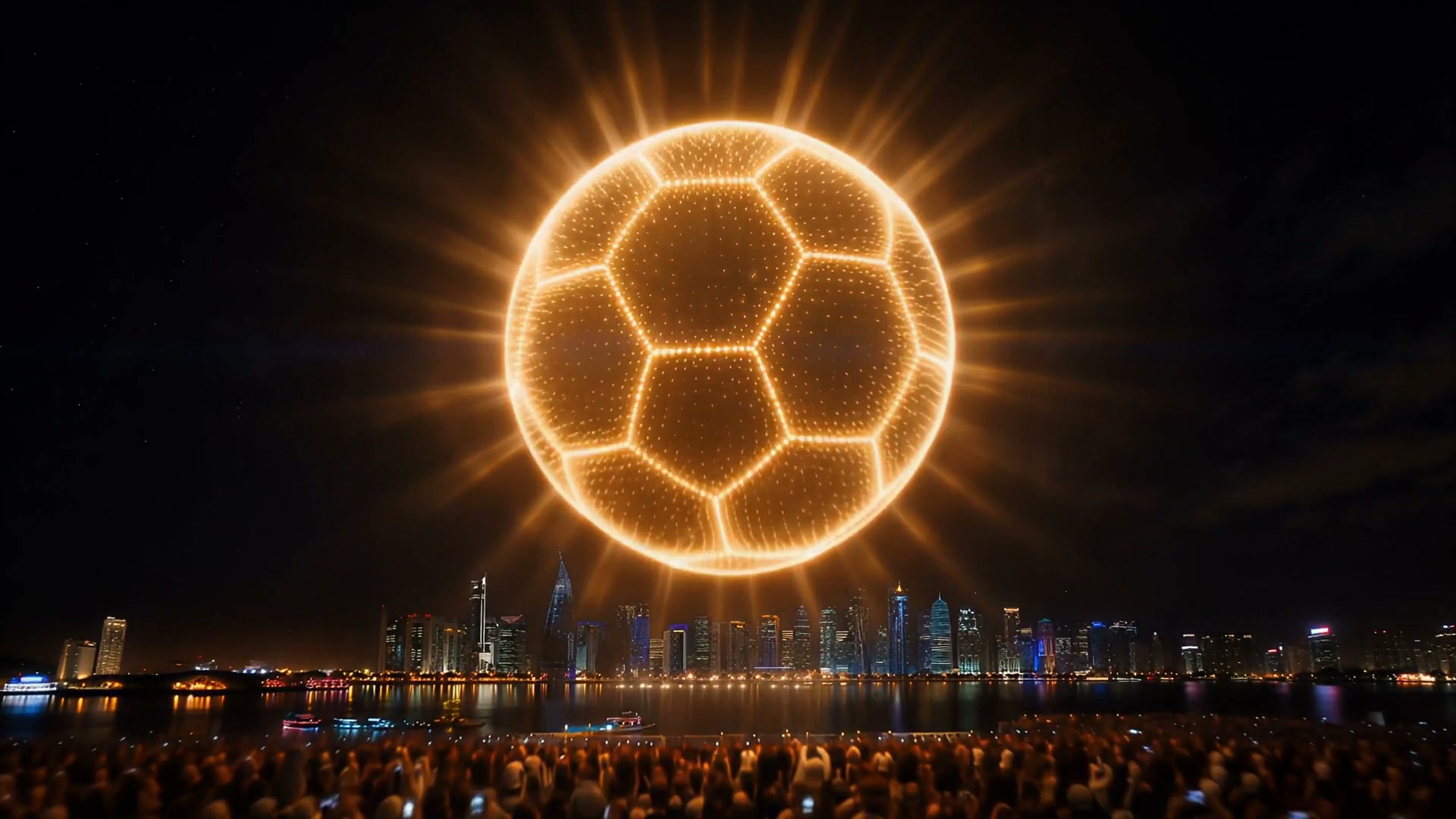 Giant glowing golden soccer ball floats over an illuminated waterfront city skyline at night, as ...