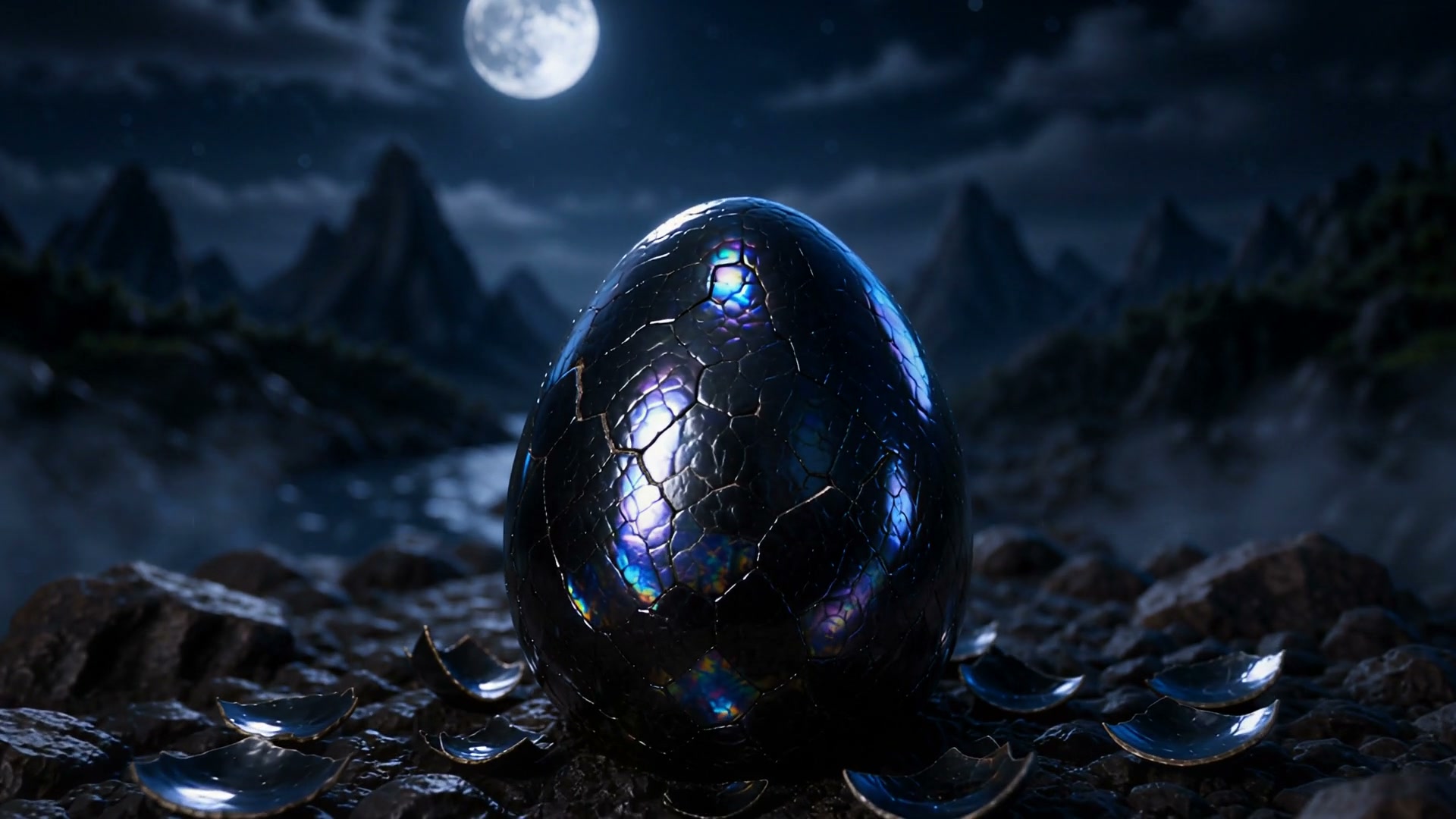 Glowing iridescent cracked dragon egg rests on rocky mountain terrain under a bright full moon in...