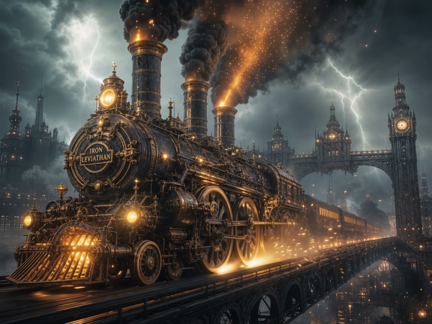 "Steampunk Iron Leviathan steam locomotive speeds across an elevated railway in a gothic Victoria...