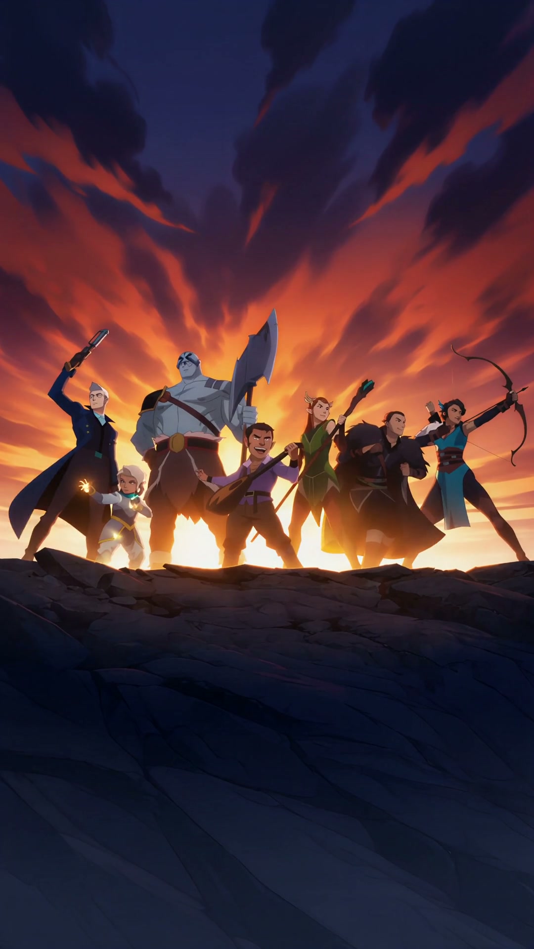 "Animated fantasy hero team Vox Machina stands armed on a rocky cliff, backlit by a dramatic fier...