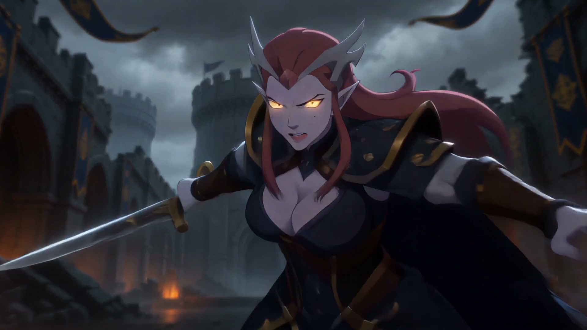 Fierce armored elf warrior with glowing golden eyes charges forward with a drawn sword in a storm...