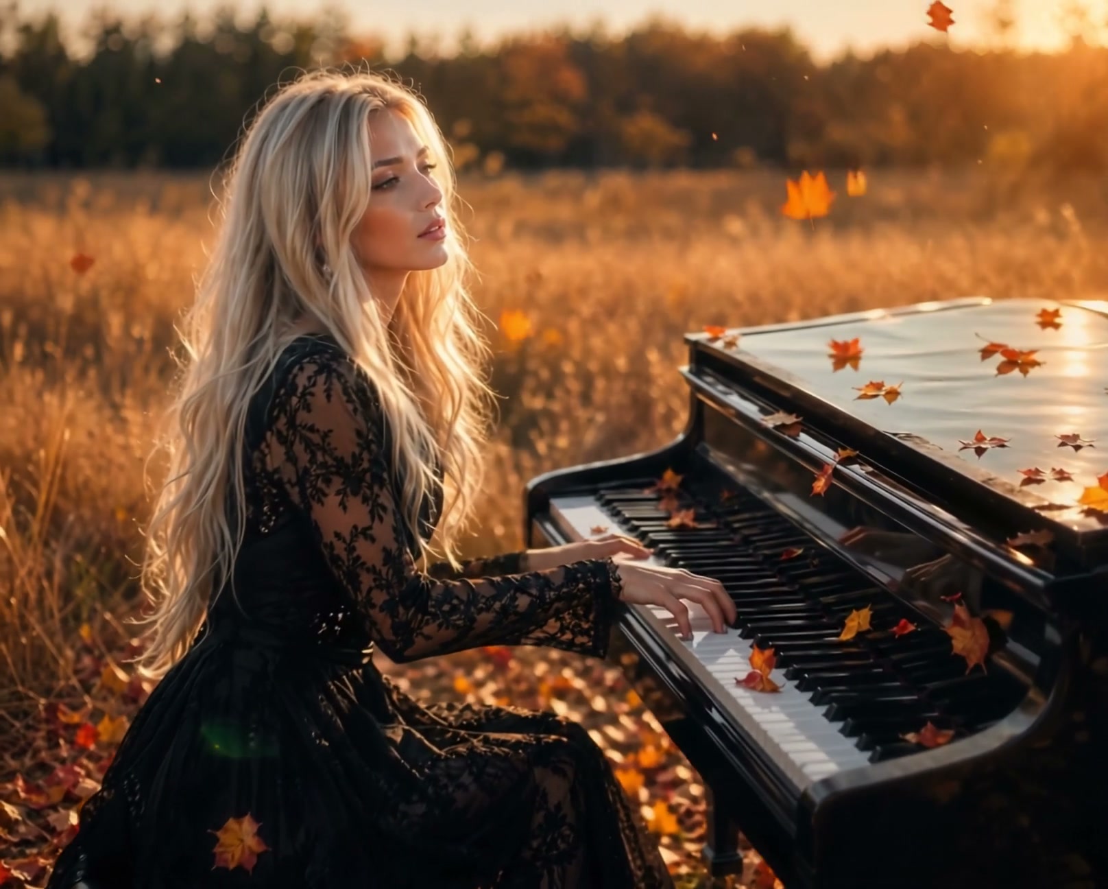 Blonde woman in black lace dress plays grand piano in a golden autumn meadow as maple leaves fall...