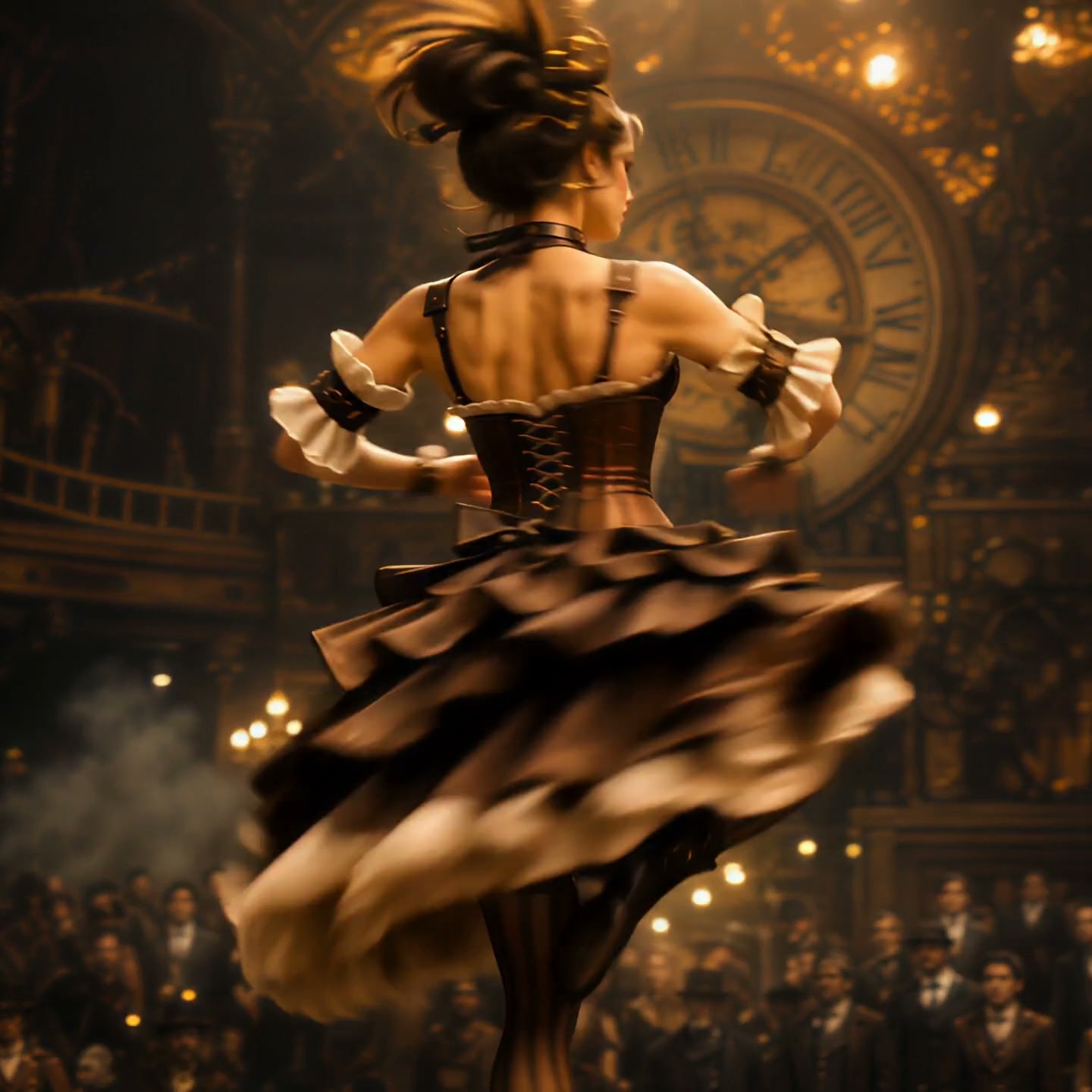 Steampunk female dancer spins mid-twirl in a ruffled corset gown, performing in an ornate gilded ...