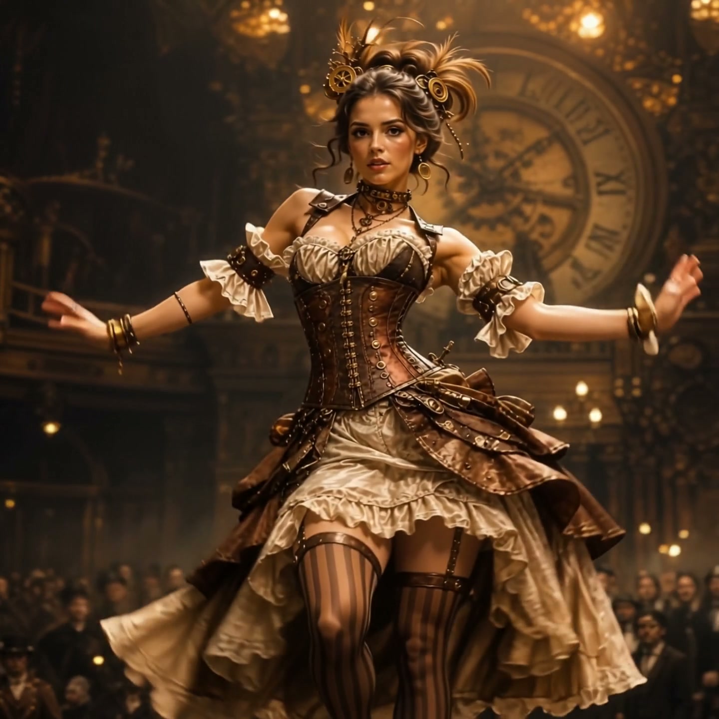 Steampunk woman dancer in ornate leather and brass costume performs on a grand gaslit vintage bal...