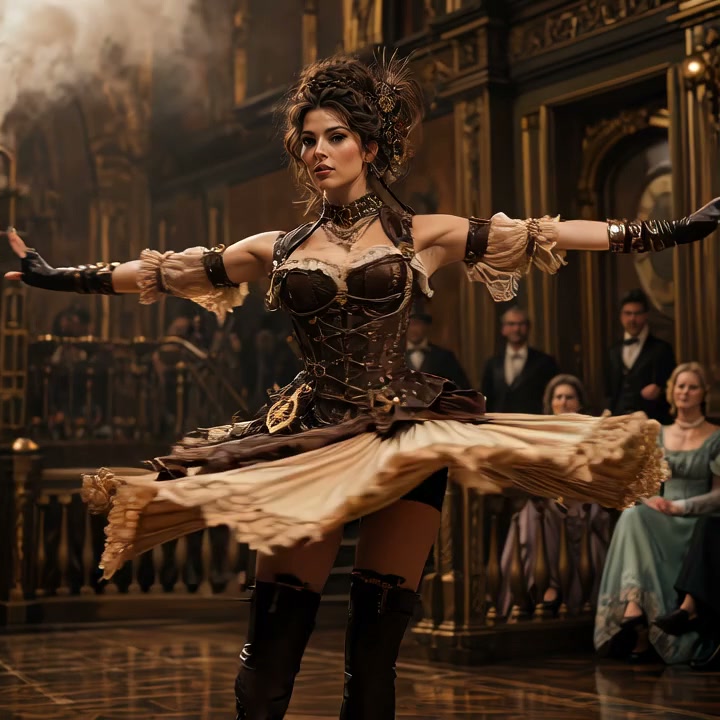 Steampunk female dancer spins with outstretched arms in an ornate gilded Victorian ballroom