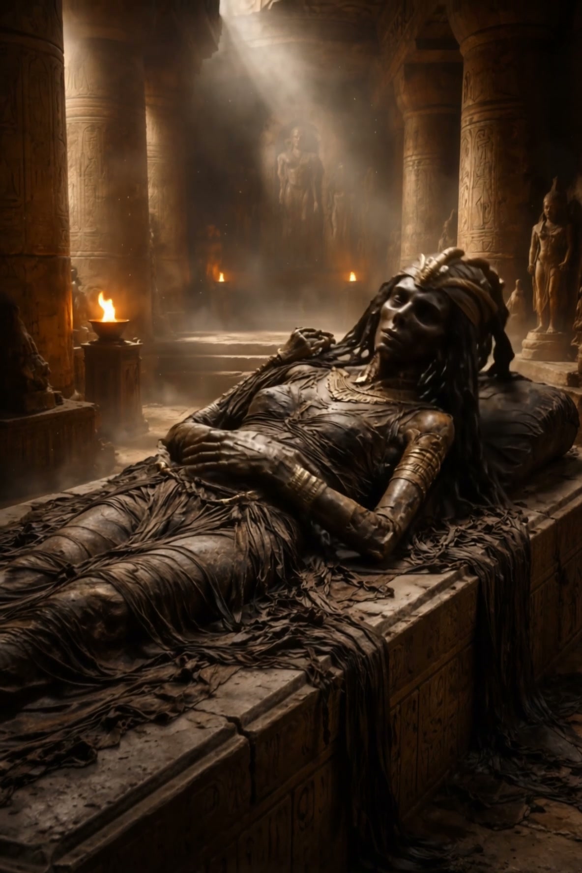 Preserved ancient Egyptian mummy queen rests on a carved stone sarcophagus inside a hazy, torch-l...