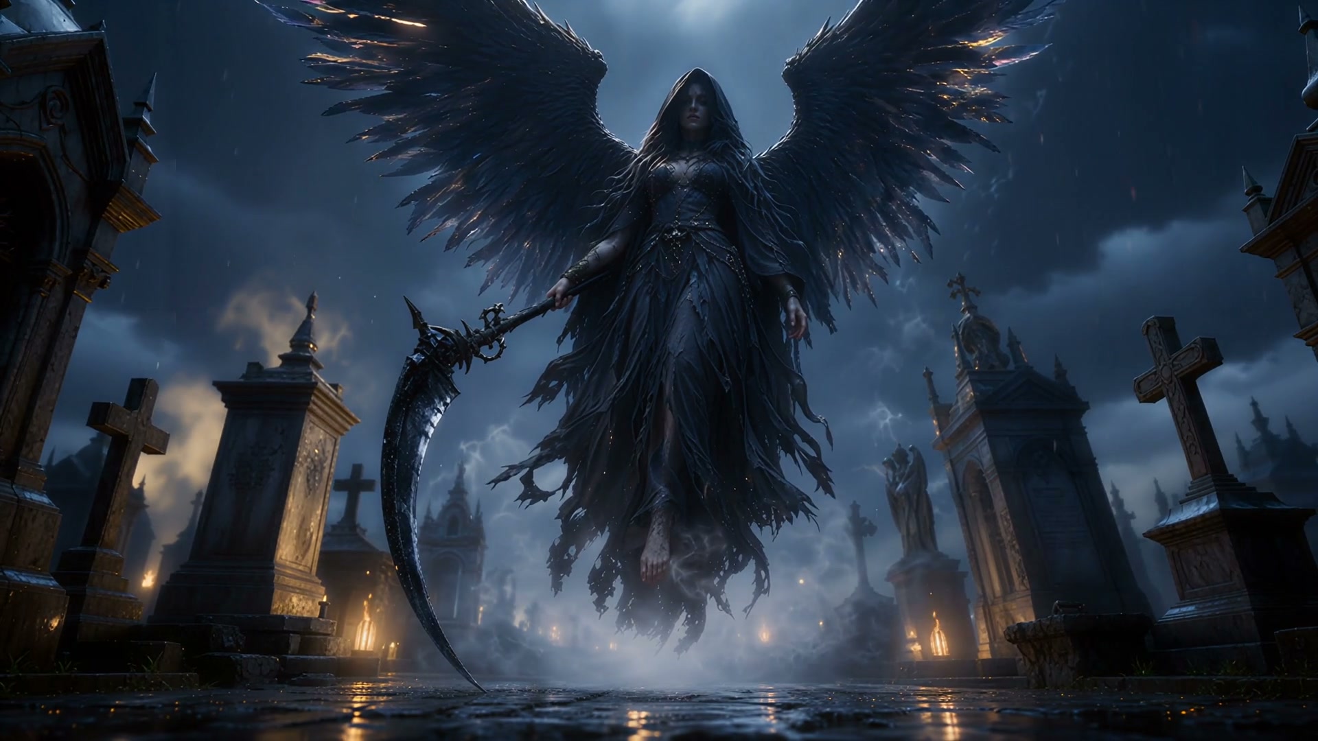 Hooded female dark angel grim reaper holds a scythe, floating over a misty stormy gothic graveyar...
