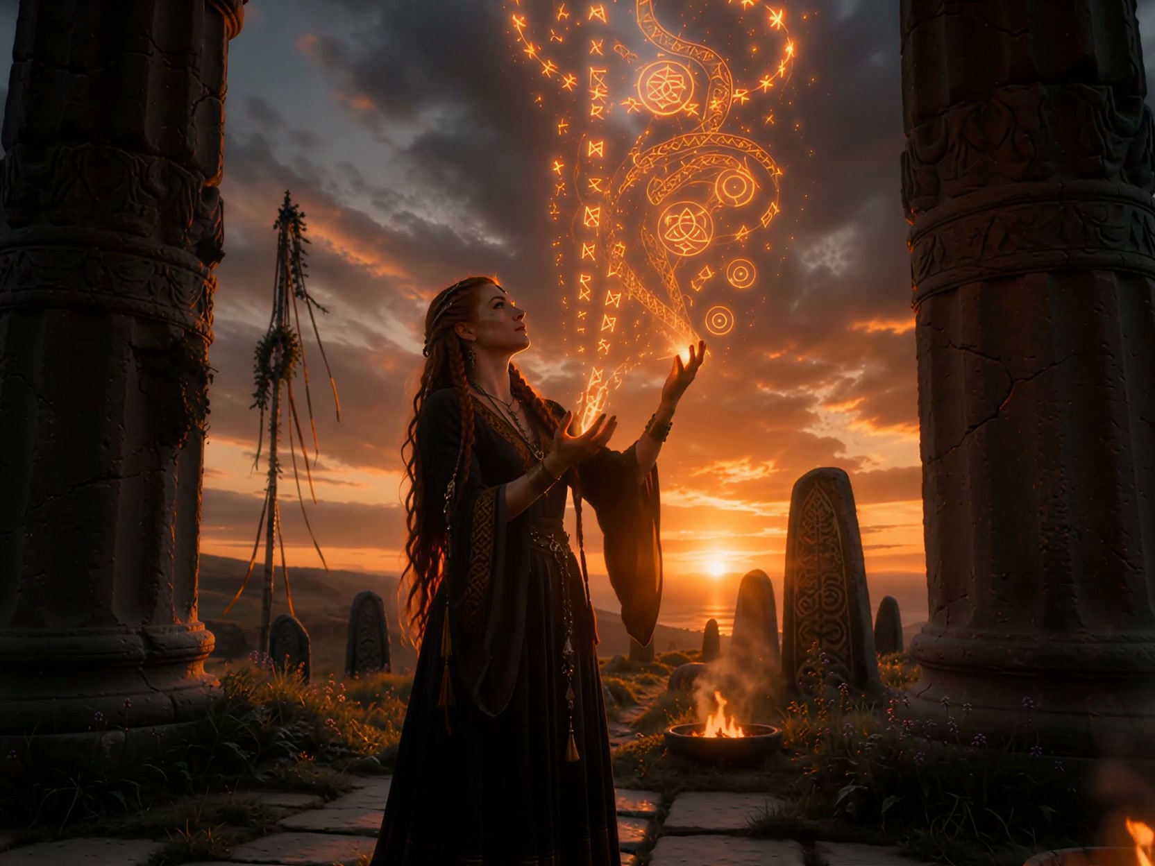 Red-haired pagan sorceress conjures glowing rune magic between ancient stone pillars at a hilltop...