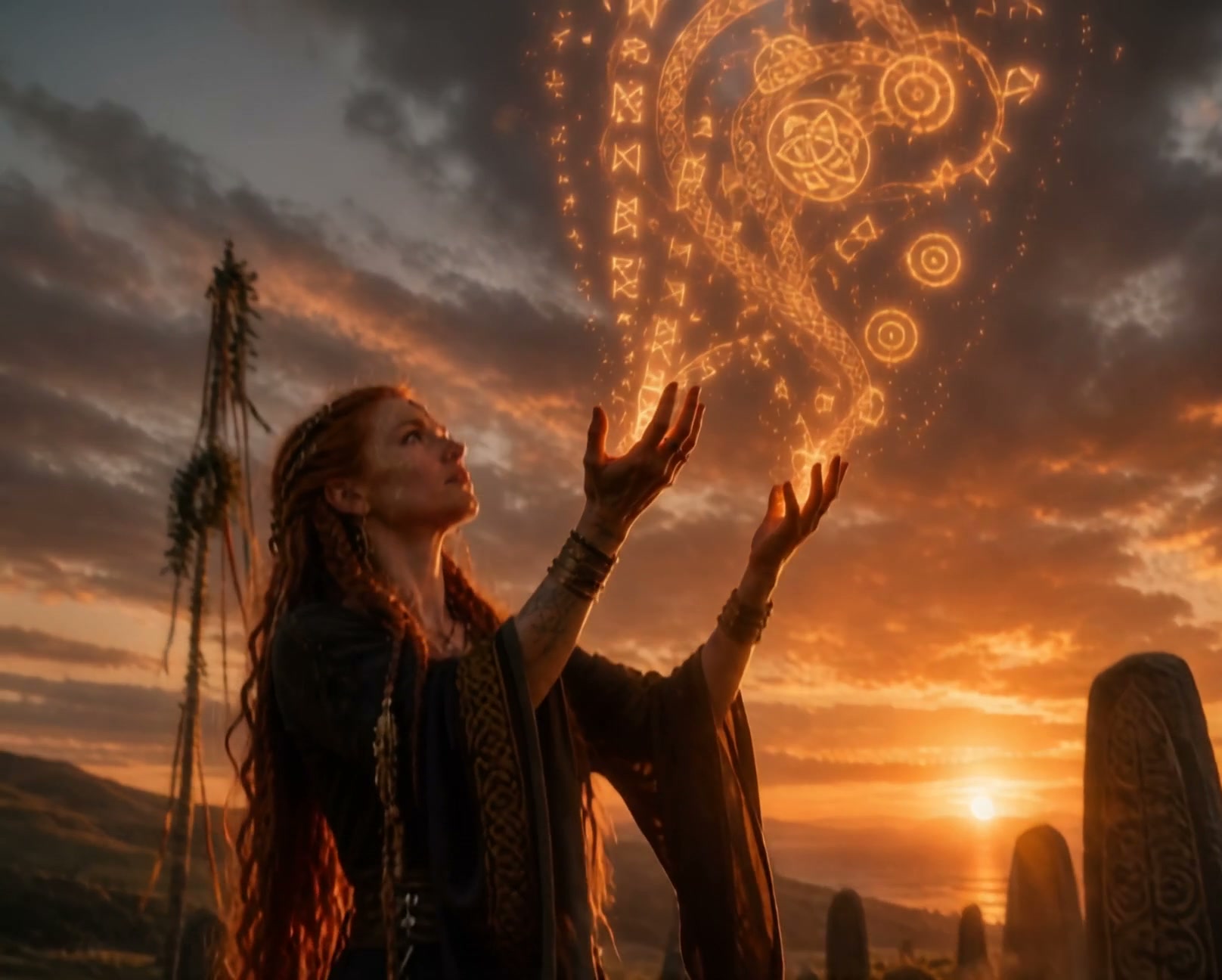 Redheaded pagan sorceress conjures glowing golden rune magic above standing stones at a fiery sunset