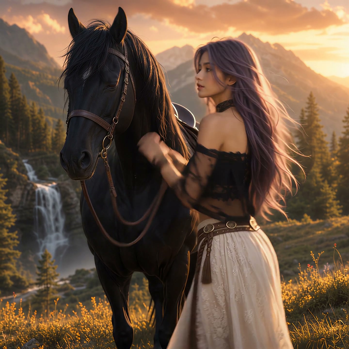 Woman with long lavender hair holds reins of a black stallion in a sunlit alpine meadow at warm g...