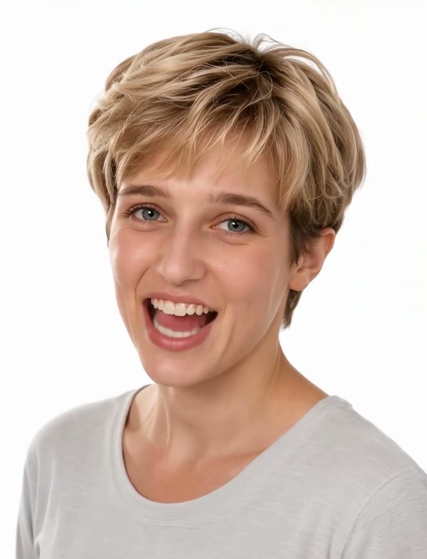 Cheerful young woman with short tousled blonde pixie cut smiles in a studio headshot against plai...