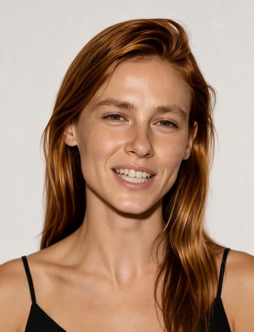 Close-up portrait of smiling young woman with long auburn hair in a black camisole against a plai...