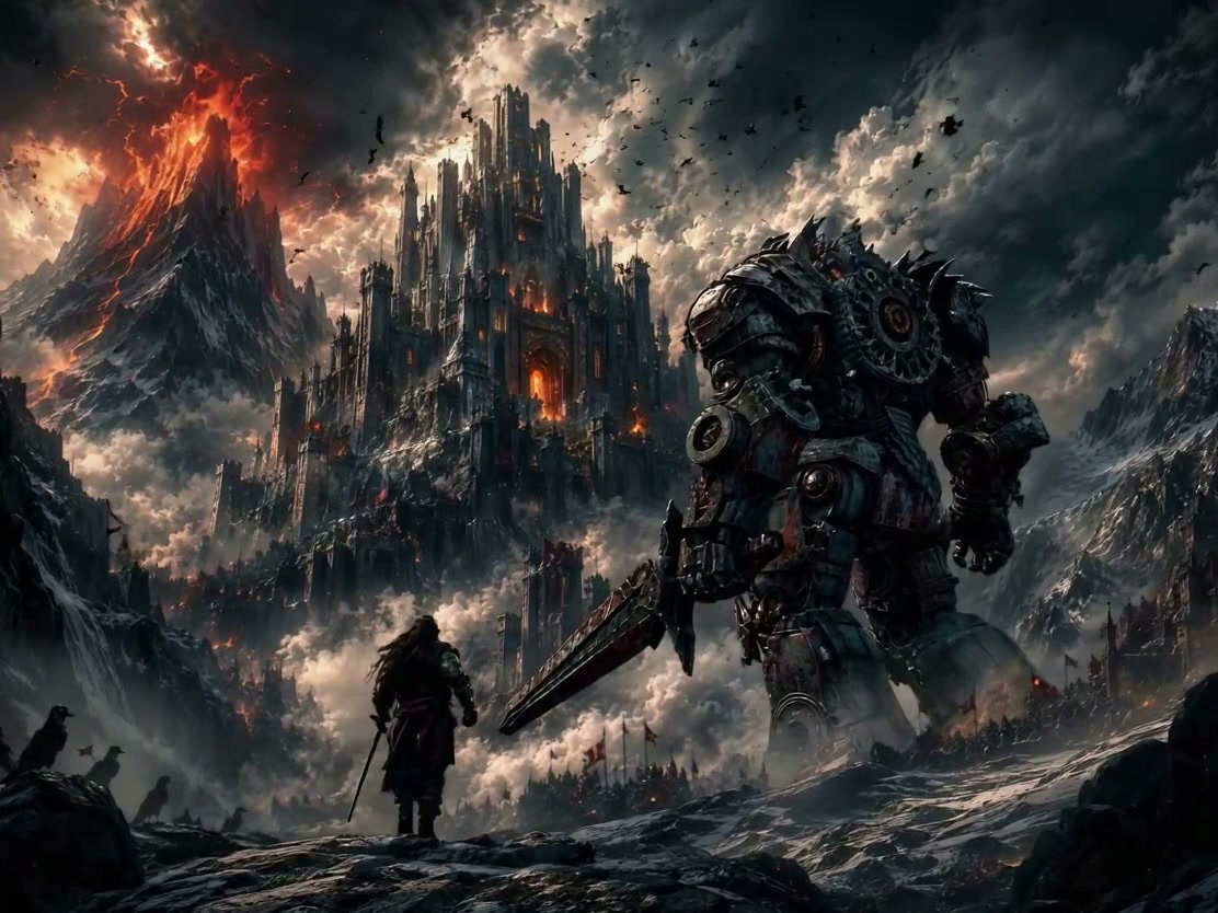 Lone sword-wielding warrior faces a giant armored golem before a dark gothic castle and erupting ...