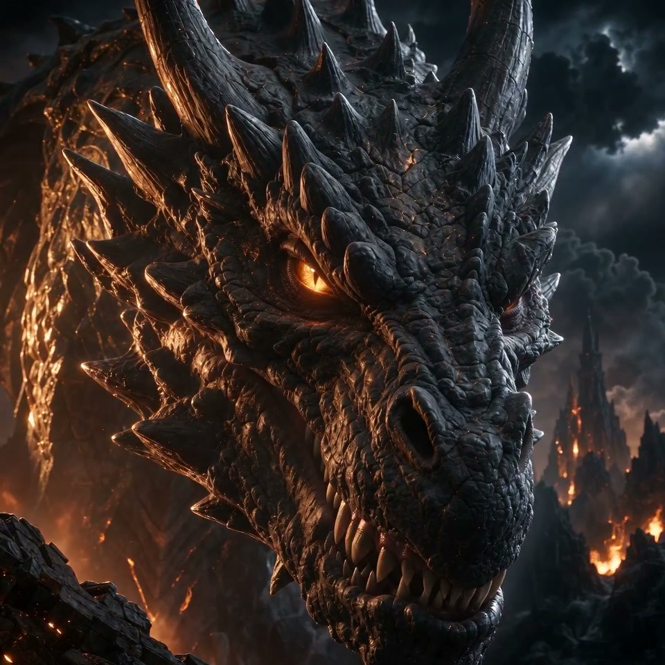 Close-up of a menacing spiked obsidian dragon with glowing orange eyes, overlooking a burning for...