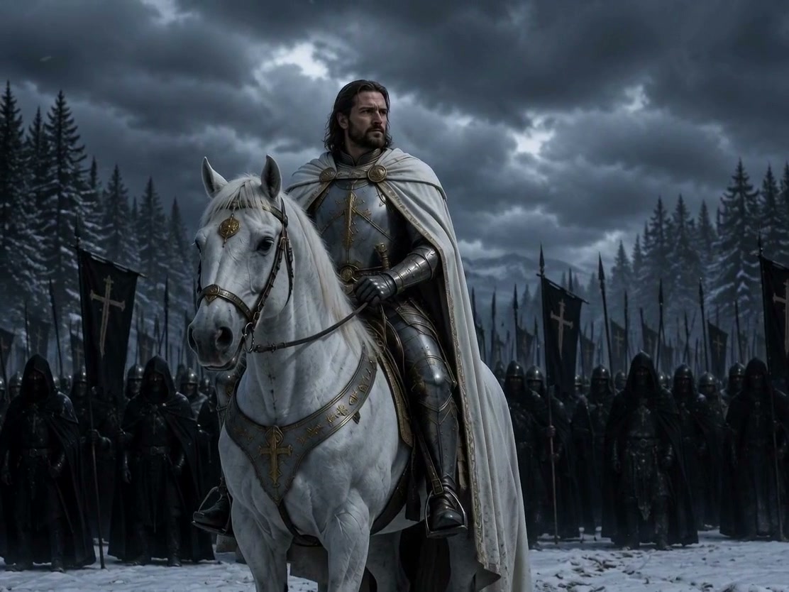 Noble armored knight king on a decorated white horse stands before his army in a snowy pine fores...