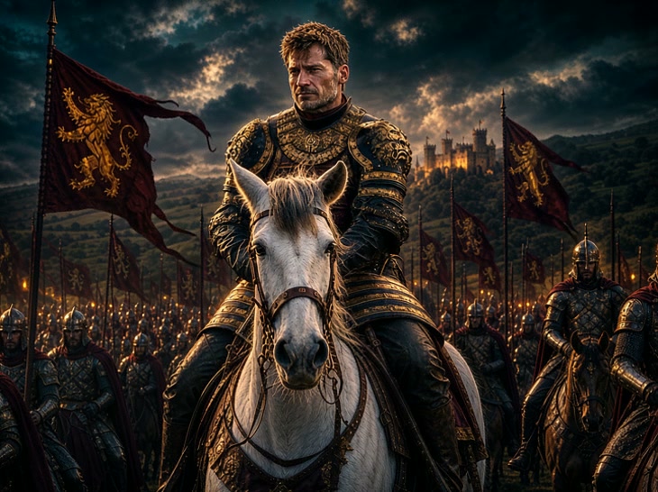 Stern armored medieval king rides a white war horse leading his army, golden lion banners and hil...