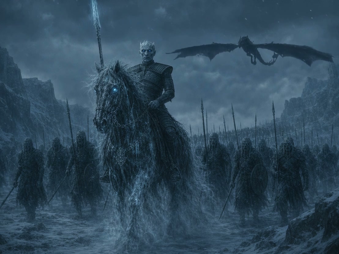 Night King rides an enchanted frost horse leading White Walker army, undead dragon flying over fr...