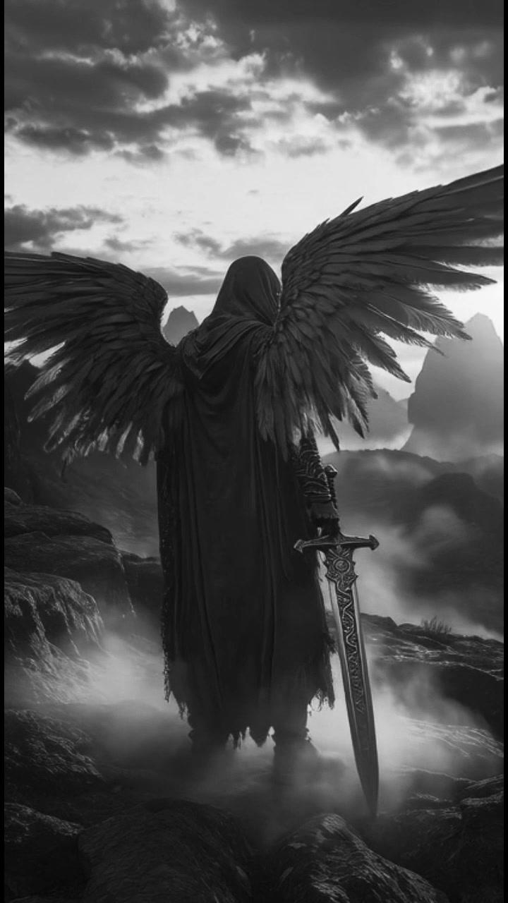 Hooded dark winged fantasy warrior grips an ornate greatsword on a misty rocky mountain, monochro...