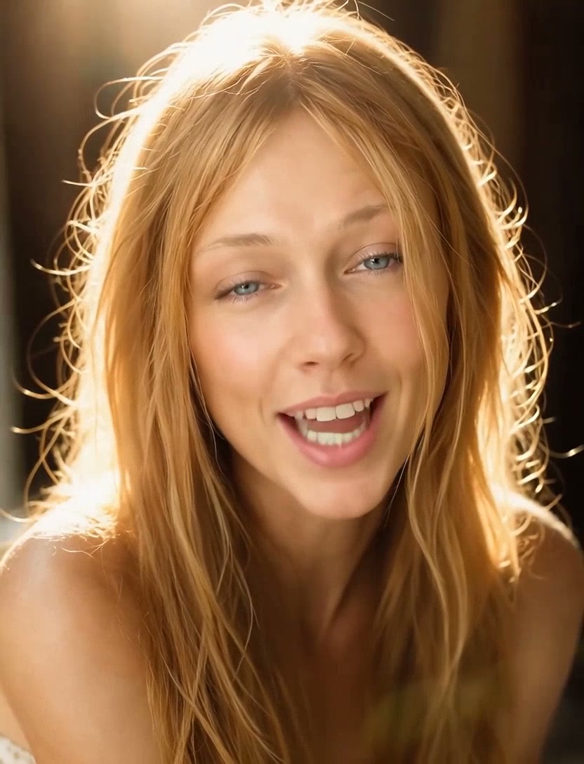 Close-up portrait of a laughing blonde woman with blue eyes, lit by warm golden backlighting