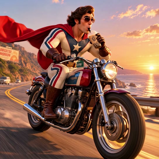 Retro caped superhero rides a vintage motorcycle while sipping iced coffee on a coastal highway a...