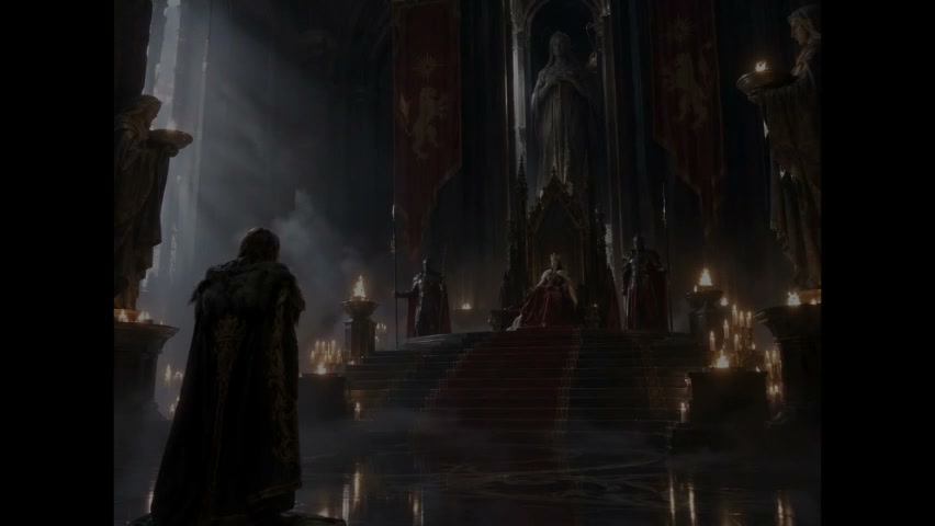 Cloaked supplicant stands before a seated monarch in a dim candlelit gothic fantasy throne room