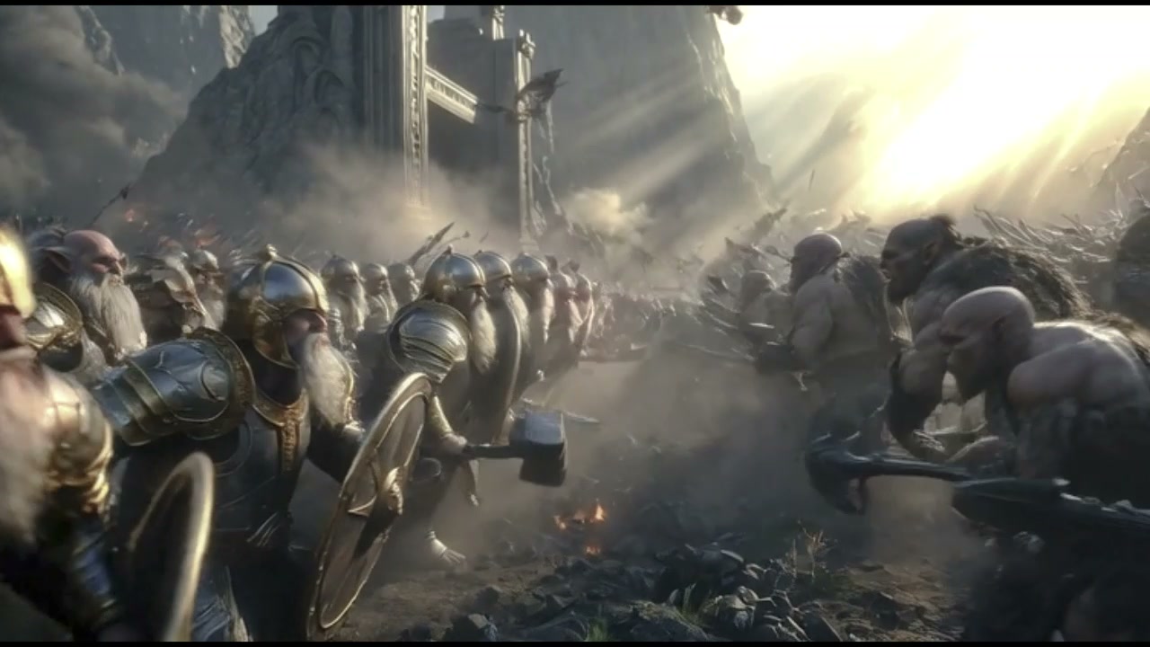 Armored dwarf army clashes with orc forces on a misty sunlit fantasy battlefield