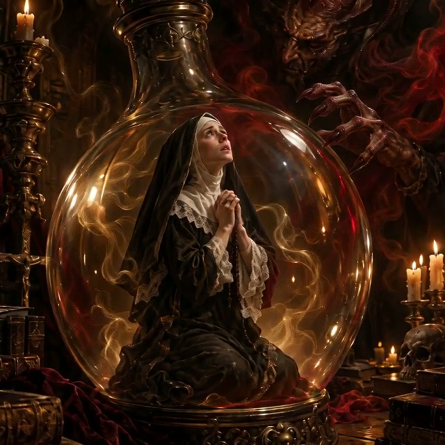 Kneeling praying nun trapped inside a giant glass flask as a demonic figure looms close by