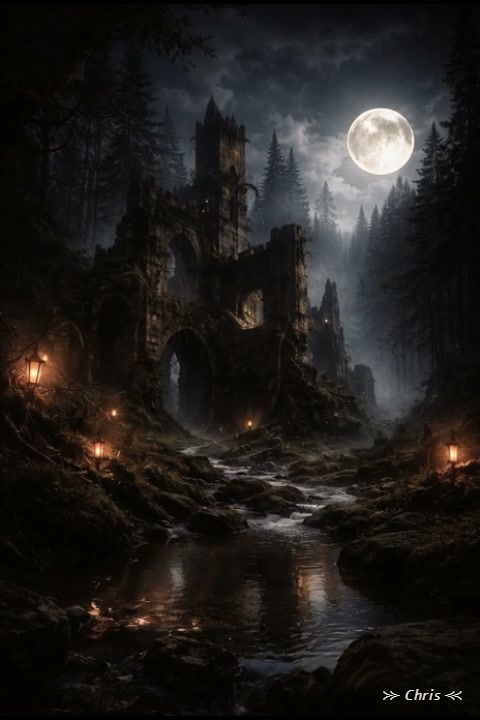Crumbling medieval castle ruins stand over a rocky forest stream beneath a glowing full moon at m...