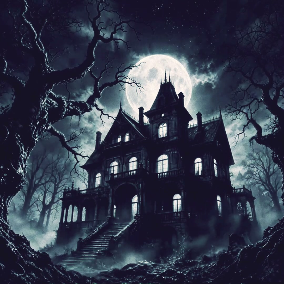Spooky Victorian haunted mansion framed by gnarled trees under a glowing full moon on a foggy night