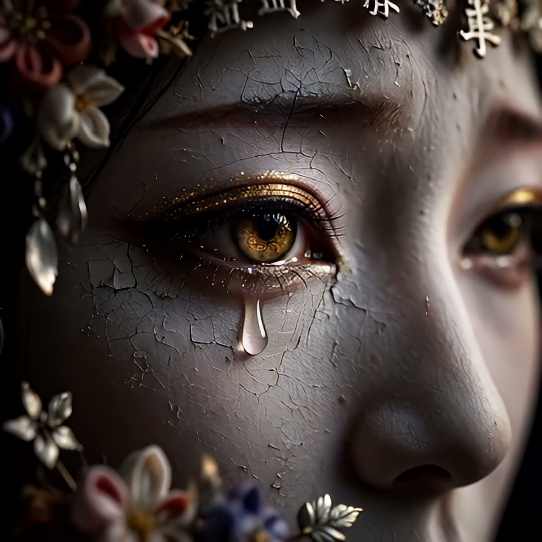 Close up of a cracked porcelain-like face with golden eyes, a single tear, and ornate floral head...